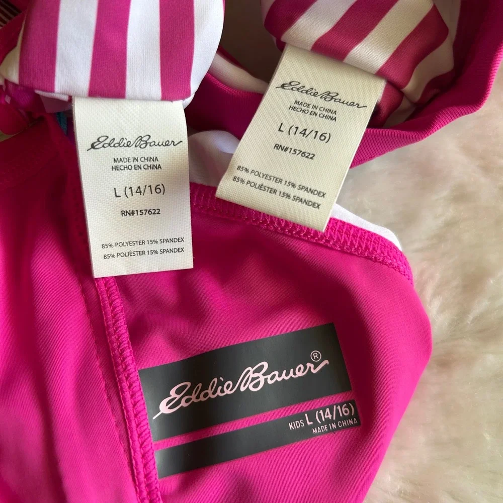 Eddie Bauer Girls 3 Pc Reversible Bikini Swimsuit Rash Guard Set Pink L 14/16